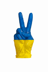 Victory Ukraine. V sign Hand, Ukraine Flag painted as Victory Symbol, Win, Success - Isolated on White Background.