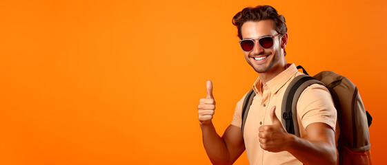 VITAL, HAPPY YOUNG MAN IN SUNGLASSES WITH BACKPACK SHOWING THUMBS UP ON ORANGE BACKGROUND, HORIZONTAL ILLUSTRATION. image created by legal AI