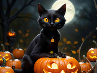 a black cat sitting on a jack o' lantern, Halloween day