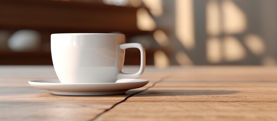 white coffee cup on wooden table - Powered by Adobe
