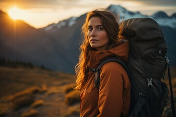 Beautiful woman hiker with backpack hiking in the mountains at sunset