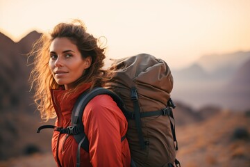Beautiful woman hiker with backpack hiking in the mountains at sunset