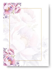 Soft purple peony's collection. Watercolor flower and floral geometric frame