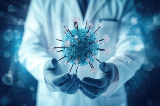 close up Hands Holding a Virus Model on a Dark Background with Particles. Science Research and Education