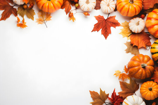 Autumn background with pumpkins and leaves ornamental around frame on isolated white, Thanksgiving background theme