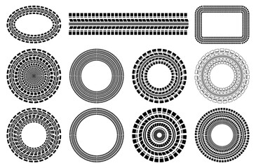 Tire wheel marks of cars, round ornament, set. Vector illustration - obrazy, fototapety, plakaty