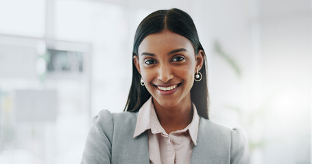Happy business woman, face and manager of professional in corporate success at office. Portrait of...