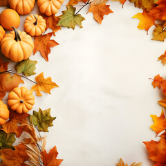 Autumn background with pumpkins and leaves ornamental around frame on isolated white, Thanksgiving background theme