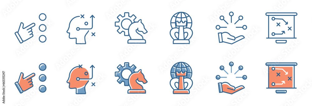 Poster teamwork leadership decision for mission action plan icon set objective target strategy implementation option vector illustration outline for web and app