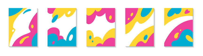 Set with abstract backgrounds for kids products. Templates for design. Bright abstract shapes, lines, waves and spots. Pink, blue and yellow.