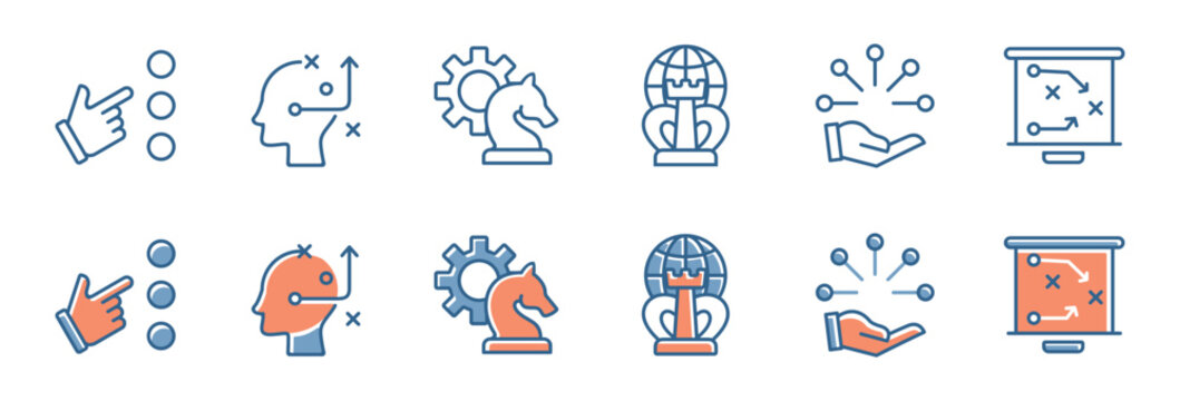 teamwork leadership decision for mission action plan icon set objective target strategy implementation option vector illustration outline for web and app