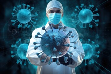 doctor in white coat in mask with coronavirus particles in hands and on the background