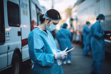 man doctor in medical mask standing outside with clipboard, doing paperwork, blurred background. covid outbreak concept