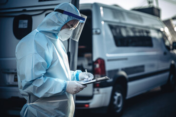man doctor in protective suit and mask standing outside medical van with clipboard and pen, doing paperwork on blurred background. covid pandemic concept - obrazy, fototapety, plakaty