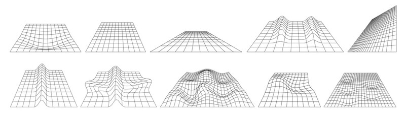 Wireframe perspective grids. Vector set of retro futuristic geometrical blueprint distorted planes