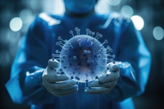 hands showing of presenting holograpnic 3d model of coronavirus particle on dark blurred background