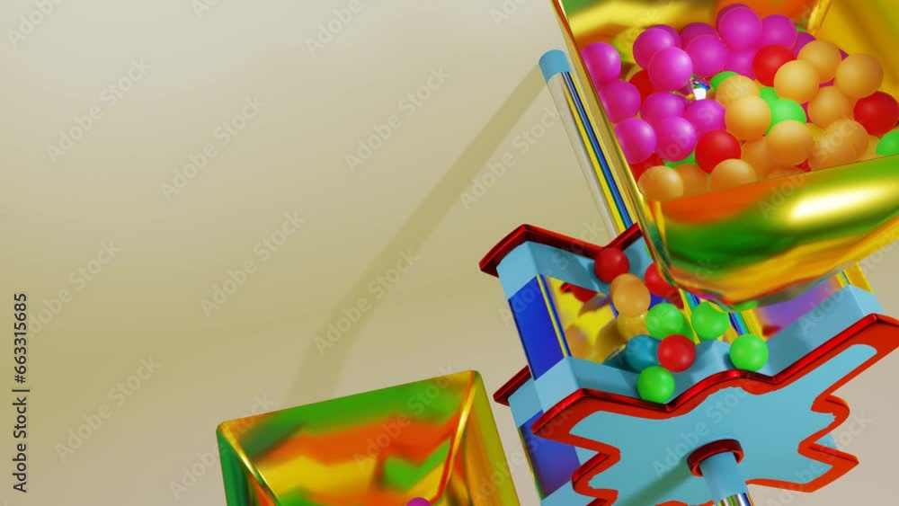 Poster multi-colored balls fall through a yellow funnel onto a rotating cylinder with blades. abstract thre