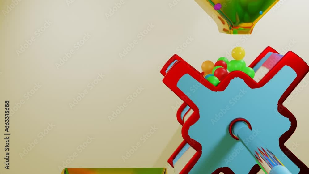 Poster multi-colored balls fall through a yellow funnel onto a rotating cylinder with blades. abstract thre