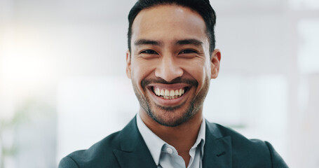 Portrait of happy man, pride in office and confident project manager at engineering agency. Face of...