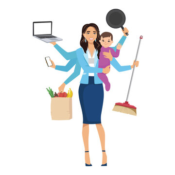 Multitask woman. Mother, businesswoman with child, working, coocking and calling. Flat vector illustration isolated on white background