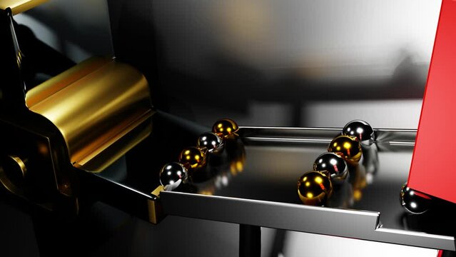 golden and silvery spheres fall onto a rotating cylinder with blades. abstract three-dimensional mechanism. 3d render