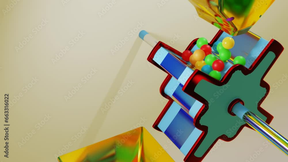 Poster multi-colored balls fall through a yellow funnel onto a rotating cylinder with blades. abstract thre