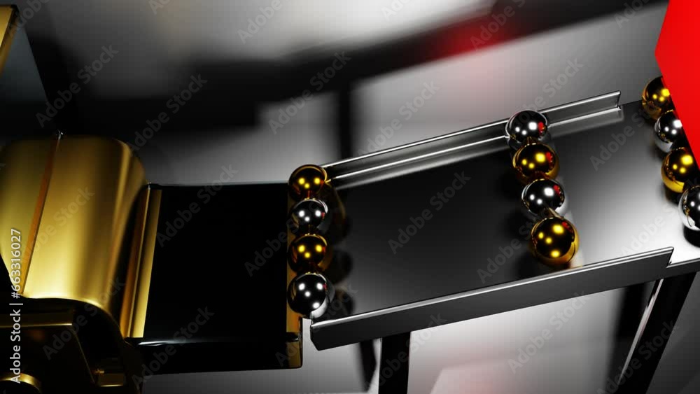 Poster golden and silvery spheres fall onto a rotating cylinder with blades. abstract three-dimensional mec