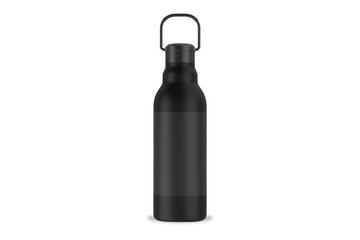 Empty blank metallic reusable thermos bottle for water, coffee or tea. Mock up isolated on white background. Zero waste concept. 3d rendering.