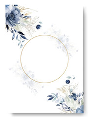 Navy blue anaemone collection. Watercolor flower and floral geometric frame
