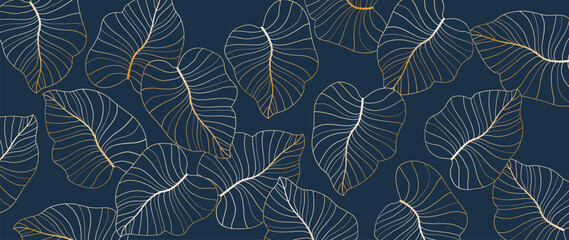 Golden leaf botanical modern art deco wallpaper navy blue background vector. Linear background design for interior design, vector art, trendy textile patterns, textures, posters	