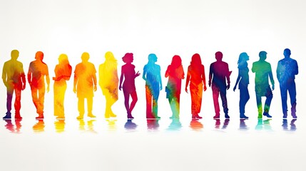 Beautiful image of a group of people silhouettes standing, drawn in the style of colorful watercolors. Generative AI