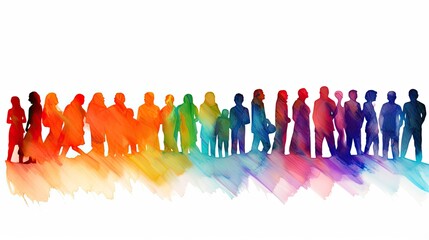 Naklejka premium Beautiful image of a group of people silhouettes standing, drawn in the style of colorful watercolors. Generative AI