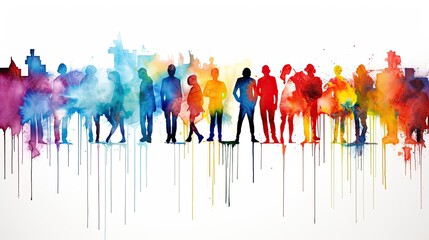 Obraz premium Beautiful image of a group of people silhouettes standing, drawn in the style of colorful watercolors. Generative AI
