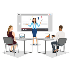 Business woman presenting world business on whiteboard with business people sitting on presentation at office, business presentation conceptual. Flat vector illustration isolated on white background