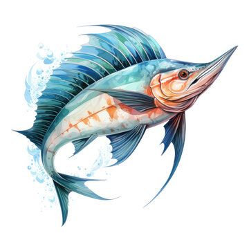 watercolor Swordfish dragon full clipart, Generative Ai