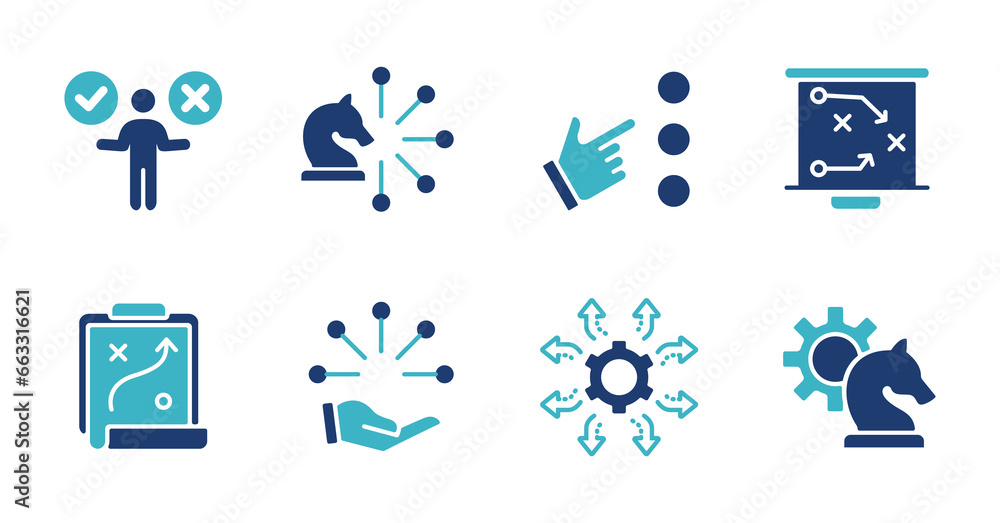 Poster collection of strategy decision making business action planning icon set goal objective solution tac