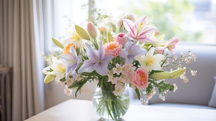 Obraz na płótnie Canvas Pastel floral arrangement featuring lilies and tulips, ideal for celebrating spring. Natural radiance, expert curation, blossoming delight, floral magic. Crafted with expertise. Generated by AI
