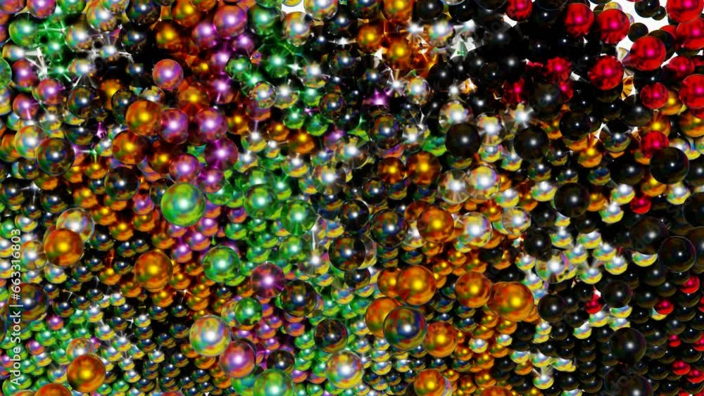 Poster multi-colored glossy balls fall from above and fill the screen. 3d render