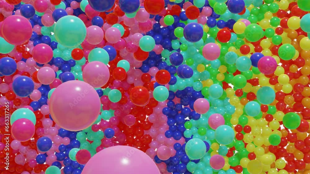 Poster multi-colored glossy balls fall from above and fill the screen. 3d render