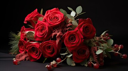 A breathtaking bouquet of deep red roses, a gesture of profound love. Deep affection, romantic sentiment, love's expression, velvety crimson, heartfelt token. Generated by AI