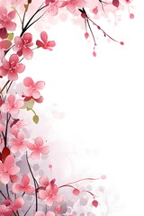 a branch with pink flowers on a white background. Abstract Pink foliage background with negative space for copy.