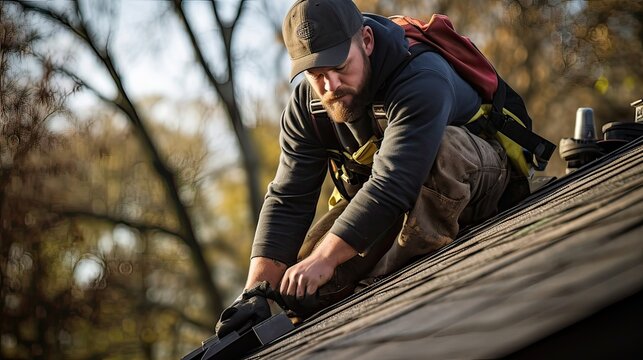 An experienced roofer meticulously replacing shingles on a residential roof. Roof restoration, home repair, roofing craftsmanship, shingle renewal, expert roofing service. Generated by AI