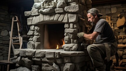 A professional stone mason creating a beautiful stone fireplace. Fireplace design, stonework expertise, professional craftsmanship, inviting coziness, timeless beauty. Generated by AI - obrazy, fototapety, plakaty