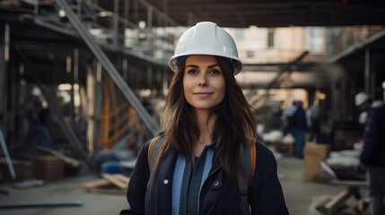 Confident female architect standing in construction site, overseeing the progress of a house building project. Strong woman leader in construction and architecture field. Equality in business.