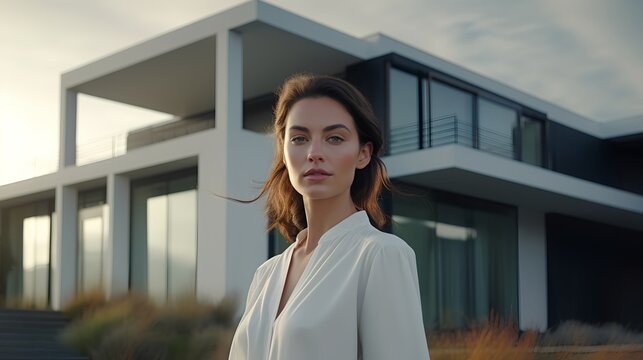 Confident female architect is standing near modern, newly constructed building. Successful career and completed latest project. Strength and pride, reflecting her accomplishment in architecture.