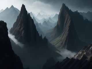 Una cadena montañosa escarpada y rocosa, con acantilados escarpados y valles profundos, envuelta en niebla y misterio - obrazy, fototapety, plakaty