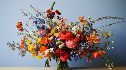 A picturesque wildflower bouquet featuring striking blue. Natural beauty, colorful wildflowers, floral diversity, vibrant hues, rustic elegance, wildflower arrangement. Generated by AI