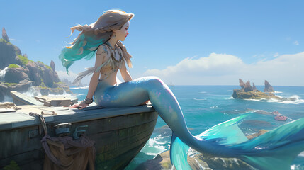beautiful anime artwork of a mermaid waiting of the return of her great love - obrazy, fototapety, plakaty