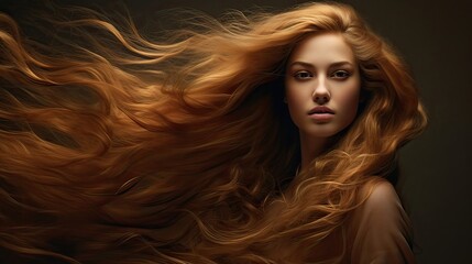 A woman showcases her luscious, shiny mane of long hair. Hair beauty, natural shine, long locks, hair care, radiant tresses, beauty enhancement, stunning hair. Generated by AI - obrazy, fototapety, plakaty