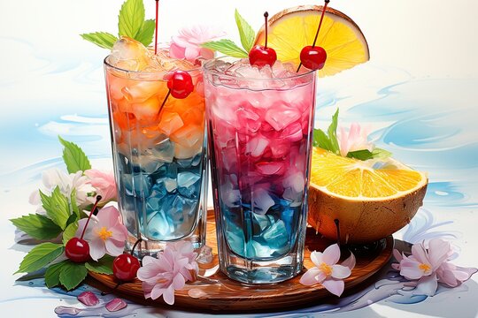 refreshing tropical cocktail in this vibrant watercolor depiction, featuring cool glasses, ice, and luscious fruit